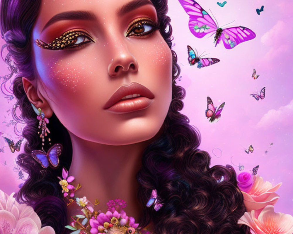 Detailed makeup and floral hair: Woman surrounded by colorful butterflies on pink background