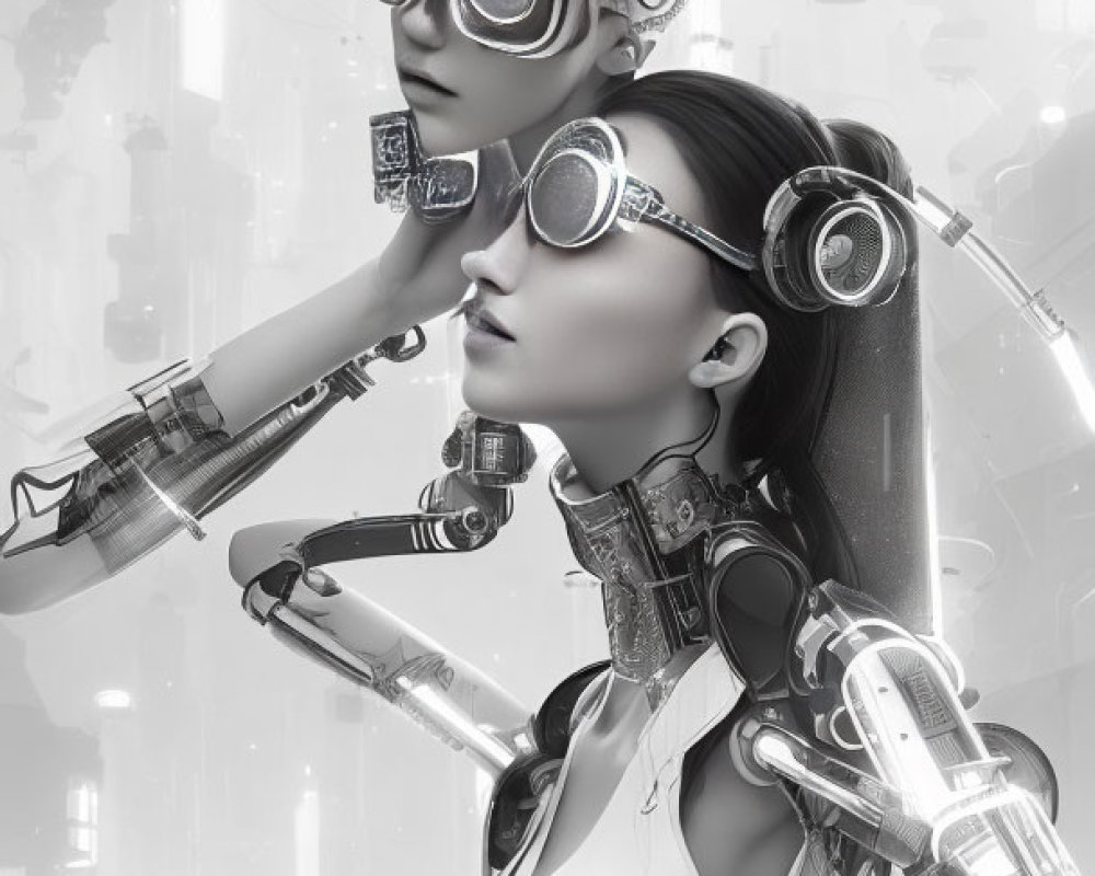 Stylized androids with humanoid features in advanced headgear against futuristic backdrop