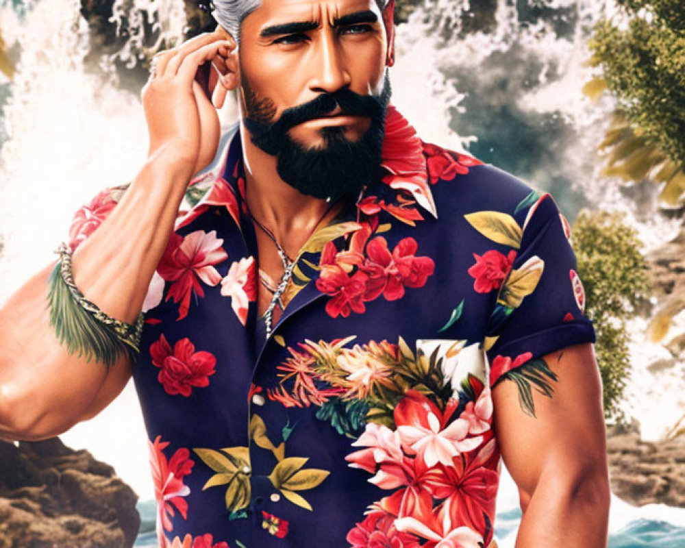 Illustrated man with silver hair in floral shirt poses near tropical waterfall