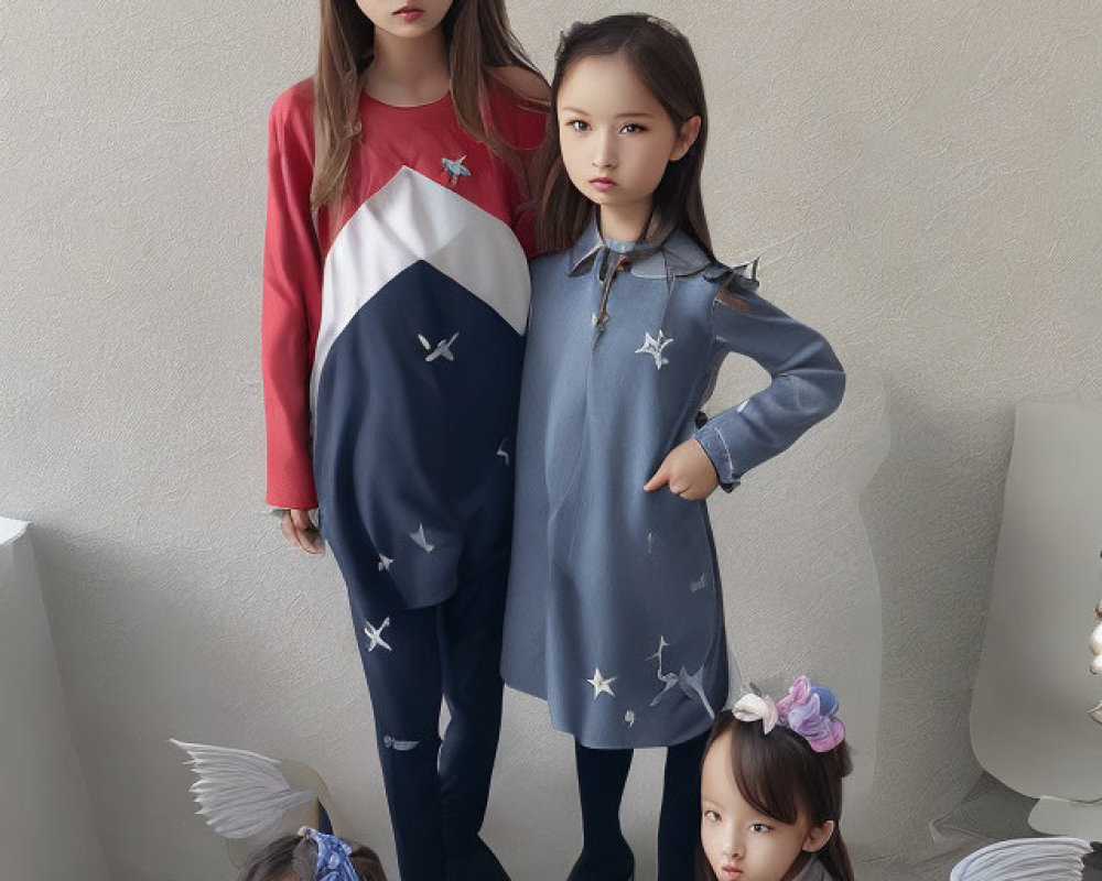 Two Girls with Winged Figures in Star-Themed Attire