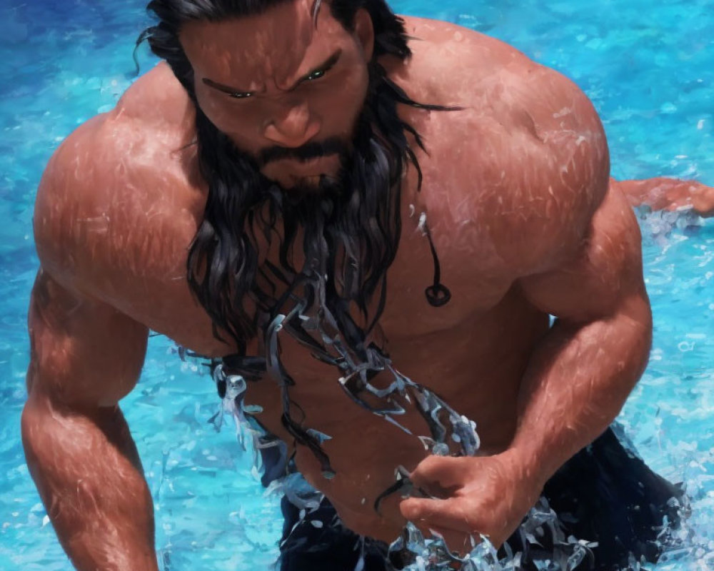 Muscular person with long hair and beard in pool with chains creating splashes