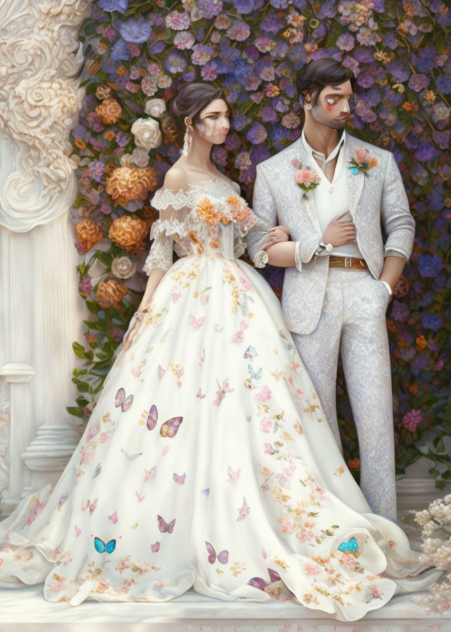 Bride and groom in off-shoulder gown and gray suit against floral backdrop