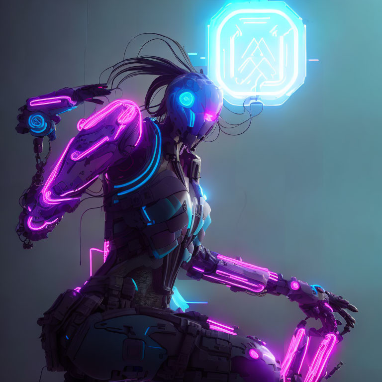 Futuristic Android with Neon Highlights and Robotic Arm on Hexagonal Digital Emblem