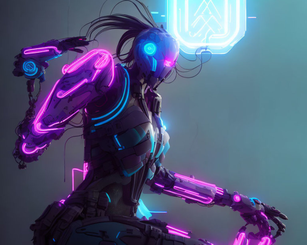 Futuristic Android with Neon Highlights and Robotic Arm on Hexagonal Digital Emblem