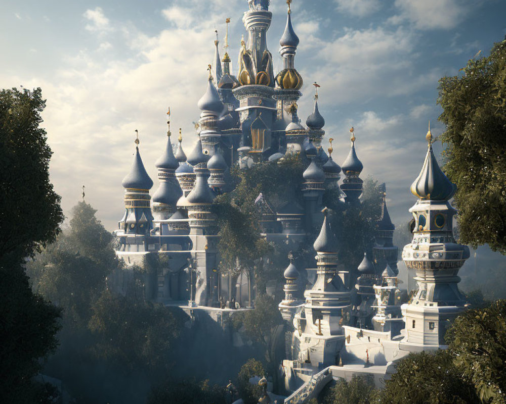 Fantasy Castle with Spires and Domes in Lush Setting