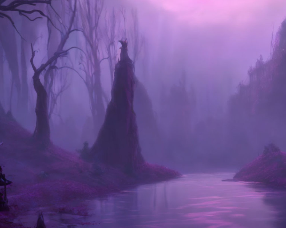 Mystical Purple Landscape with Silhouetted Trees and River