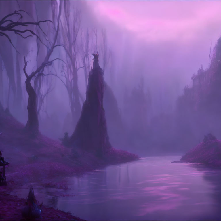 Mystical Purple Landscape with Silhouetted Trees and River