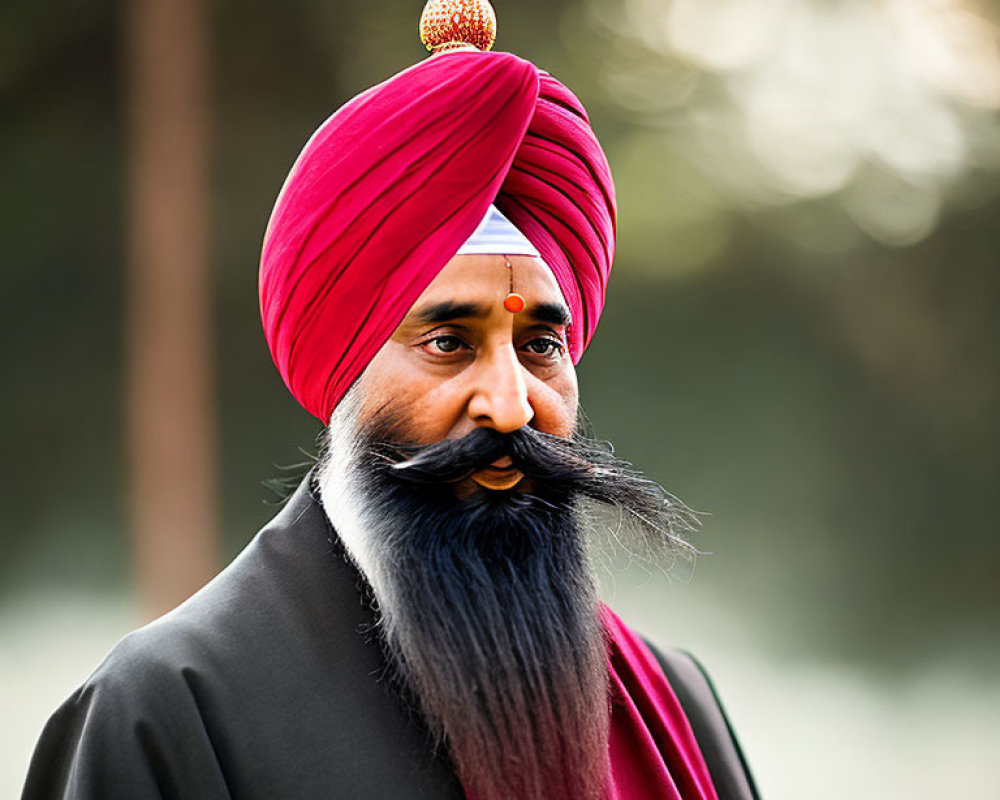 Man with Red Turban and Beard in Blurred Natural Background