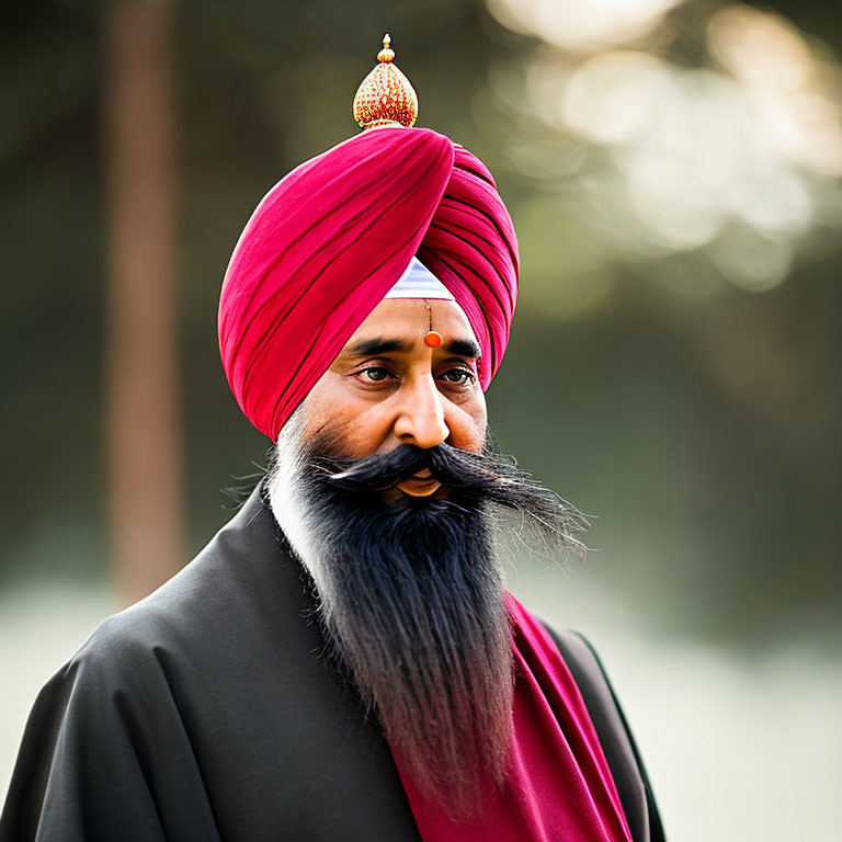 Man with Red Turban and Beard in Blurred Natural Background