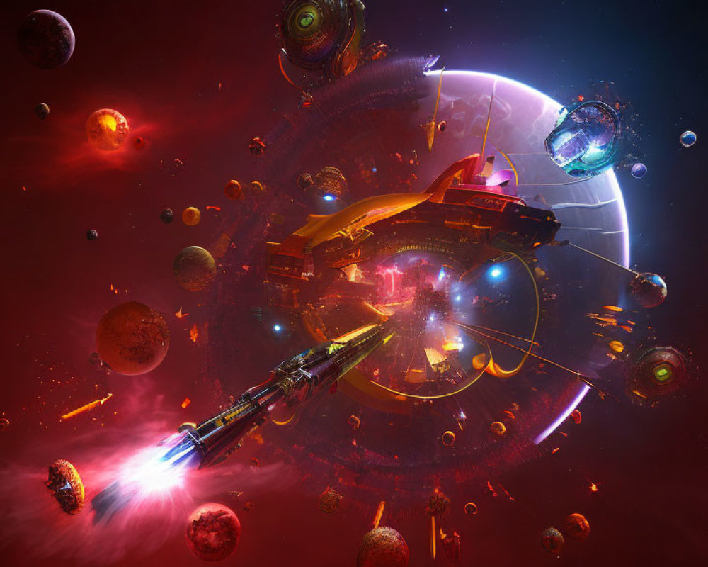 Colorful sci-fi scene with spaceships, futuristic structures, and planets.