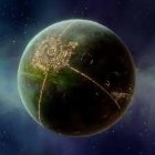 Lush Green and Brown Planet with Glowing City Lights in Space