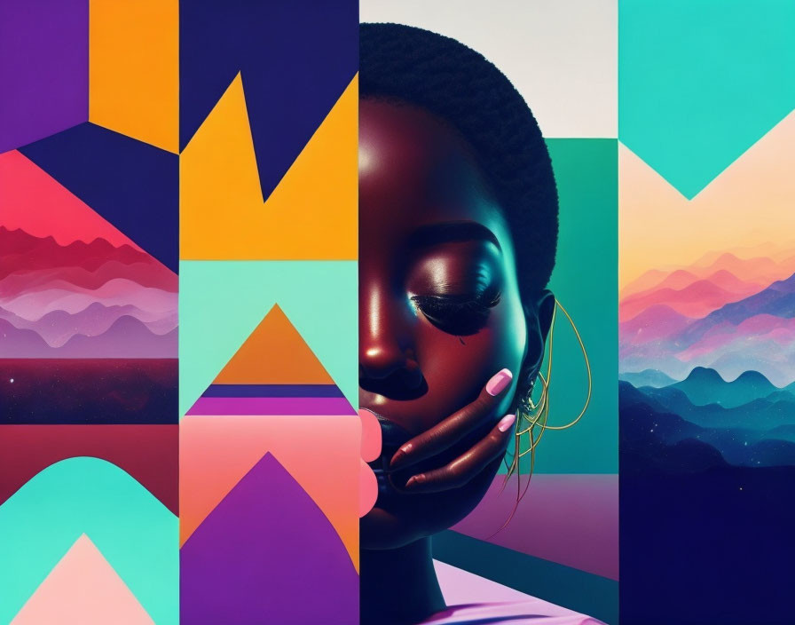 Vibrant geometric shapes overlay woman's face in dusk landscape