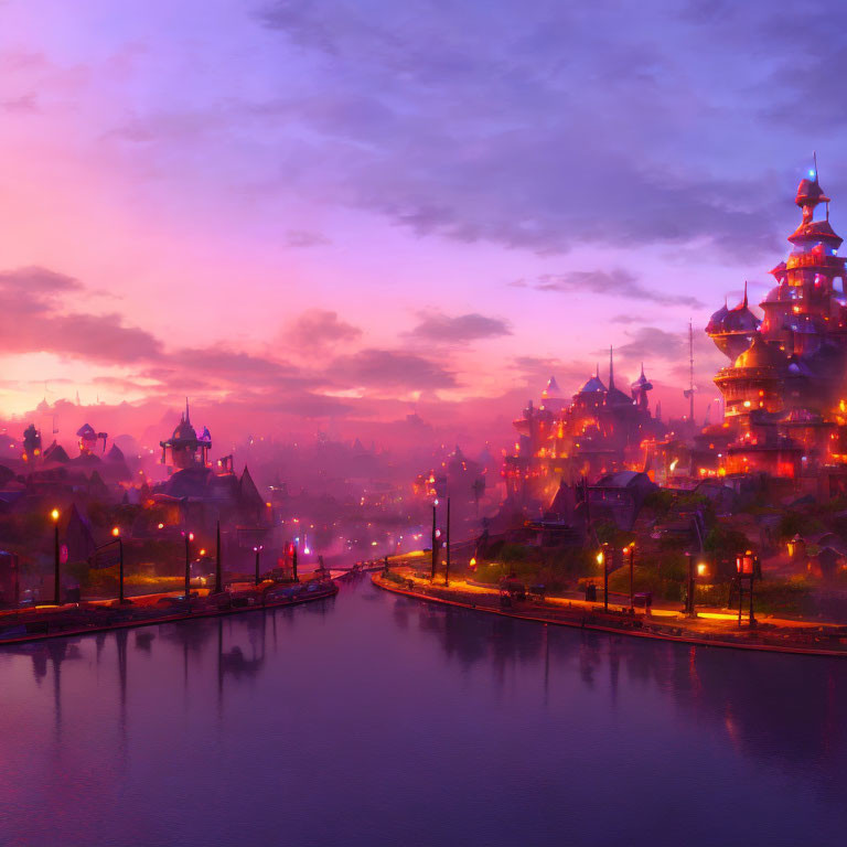 Fantastical cityscape at dusk with illuminated buildings by calm river
