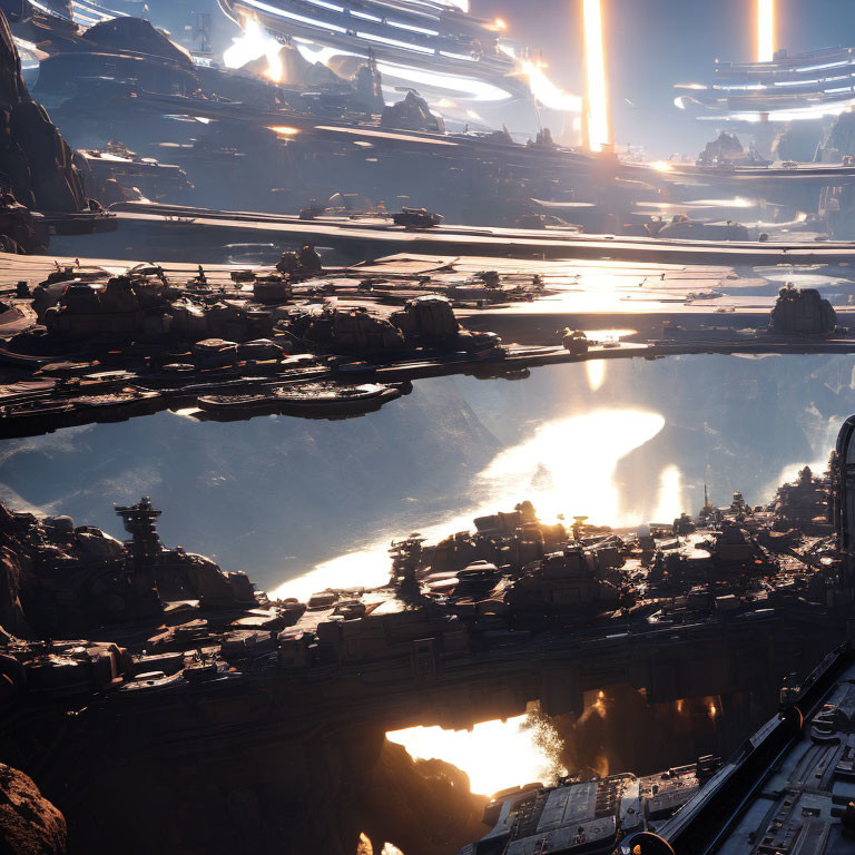 Futuristic cityscape with towering structures and advanced vehicles