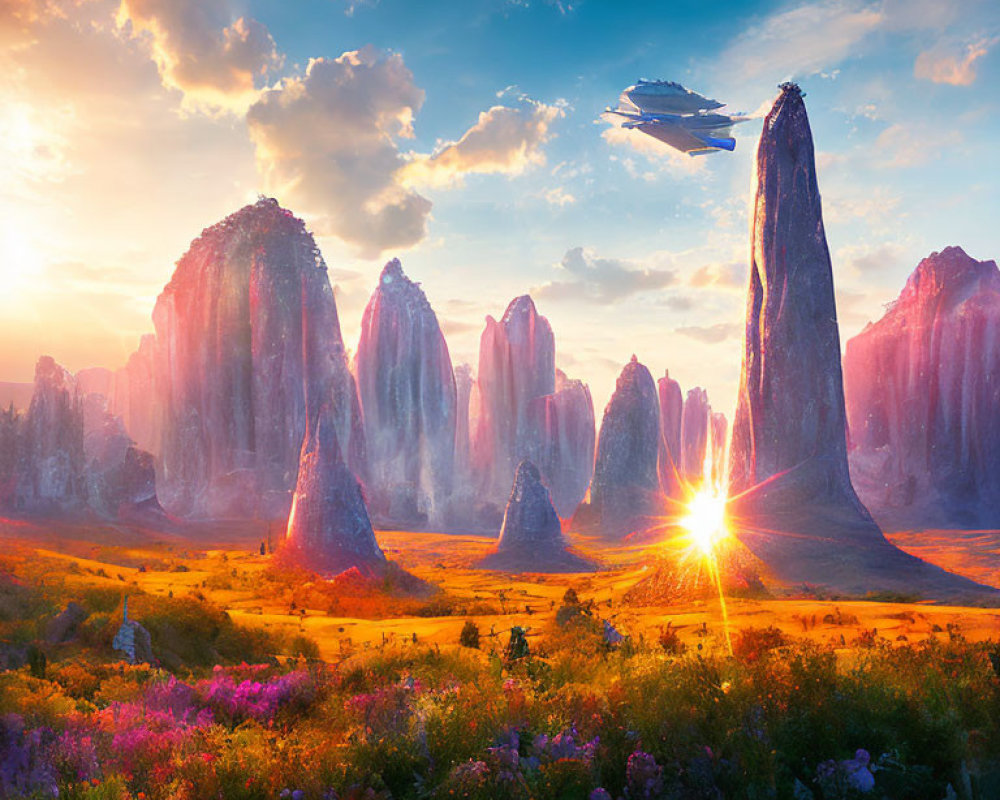 Vibrant alien landscape with towering rocks and spaceship in colorful sky