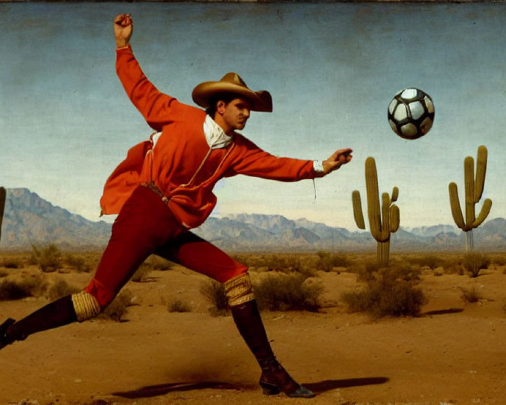 Cowboy-themed soccer scene in desert with cacti and mountains