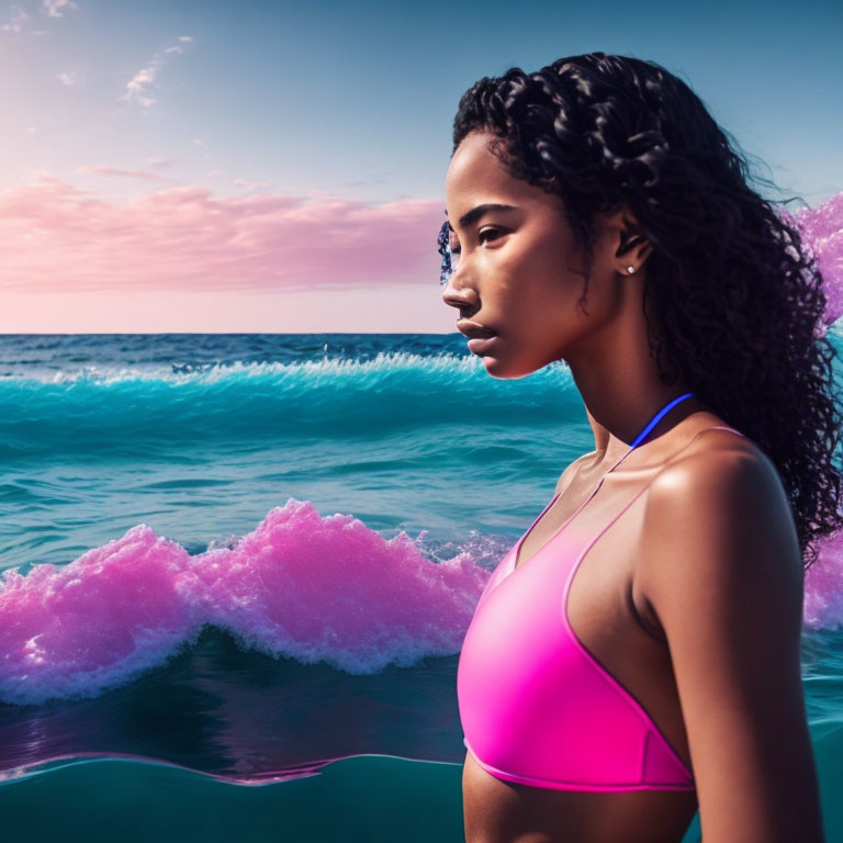 Woman in Pink Swimsuit by Pink Waves on Shore at Dusk