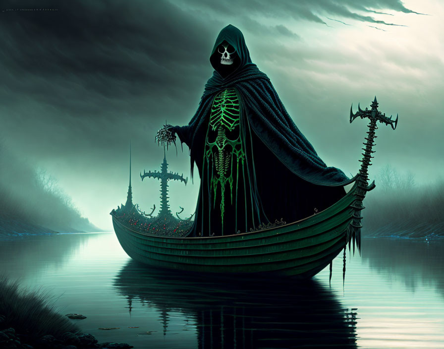 Cloaked Grim Reaper in Skeletal Boat on Misty River