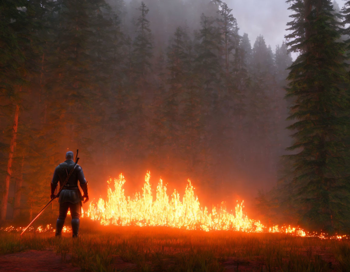 Person in protective gear observes wildfire in dense forest.