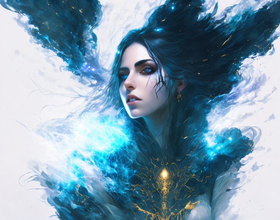 Fantastical image of woman with blue hair and glowing energy in golden attire