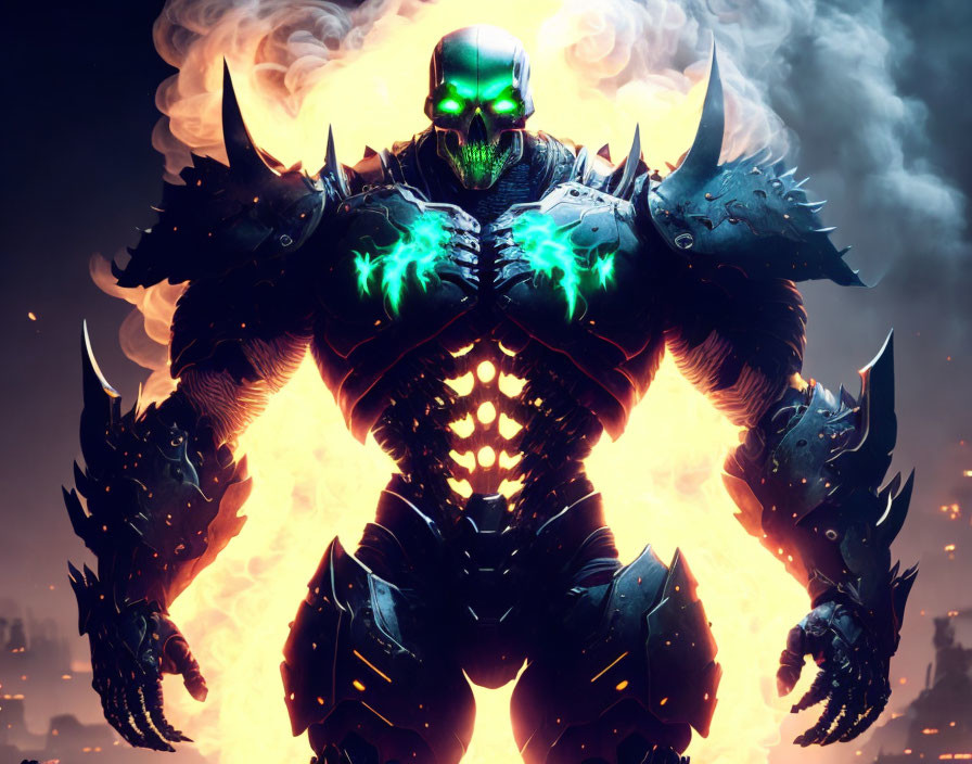 Armored figure with glowing green skull in fiery cityscape.