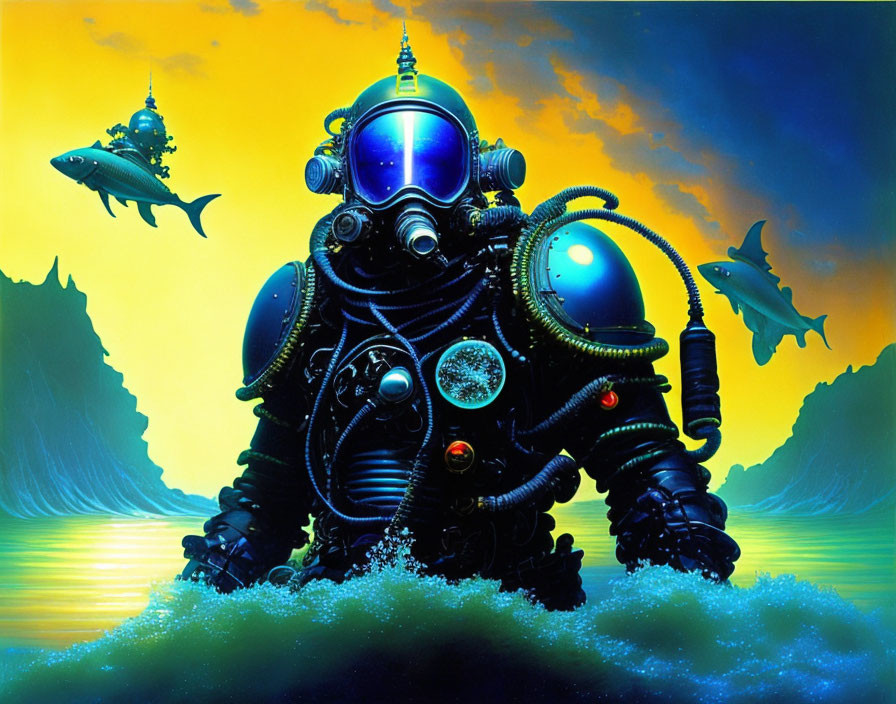 Retro-futuristic diver in bulky suit surrounded by sharks and undersea structures