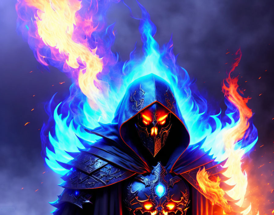 Illustration of cloaked figure with glowing blue gem and intricate armor in fiery setting