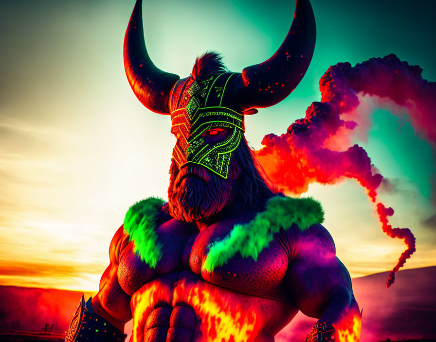 Muscular figure with horned helmet and neon tribal patterns against colorful sky