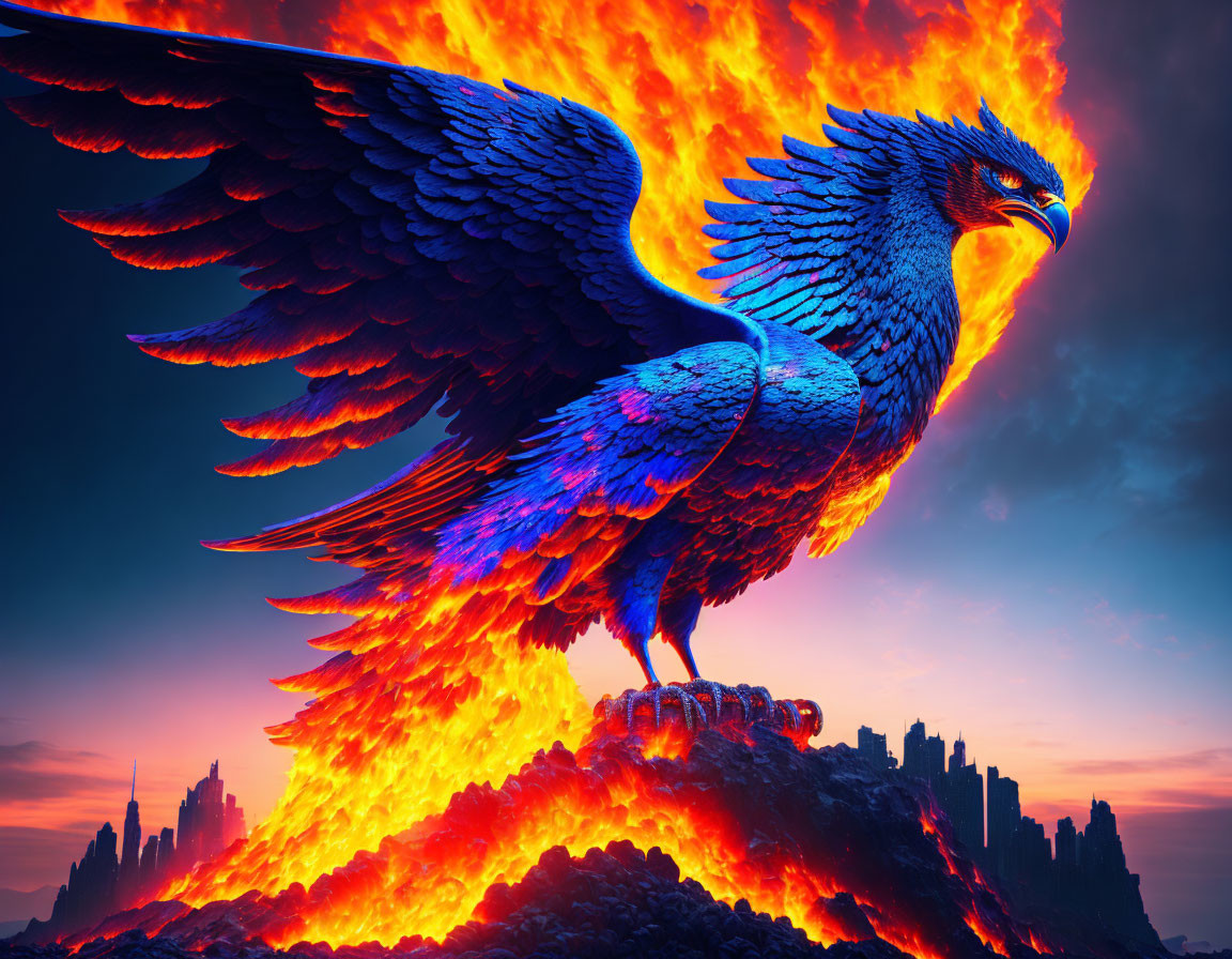 Blue Phoenix with Fiery Wings Perched on Rocky Outcrop