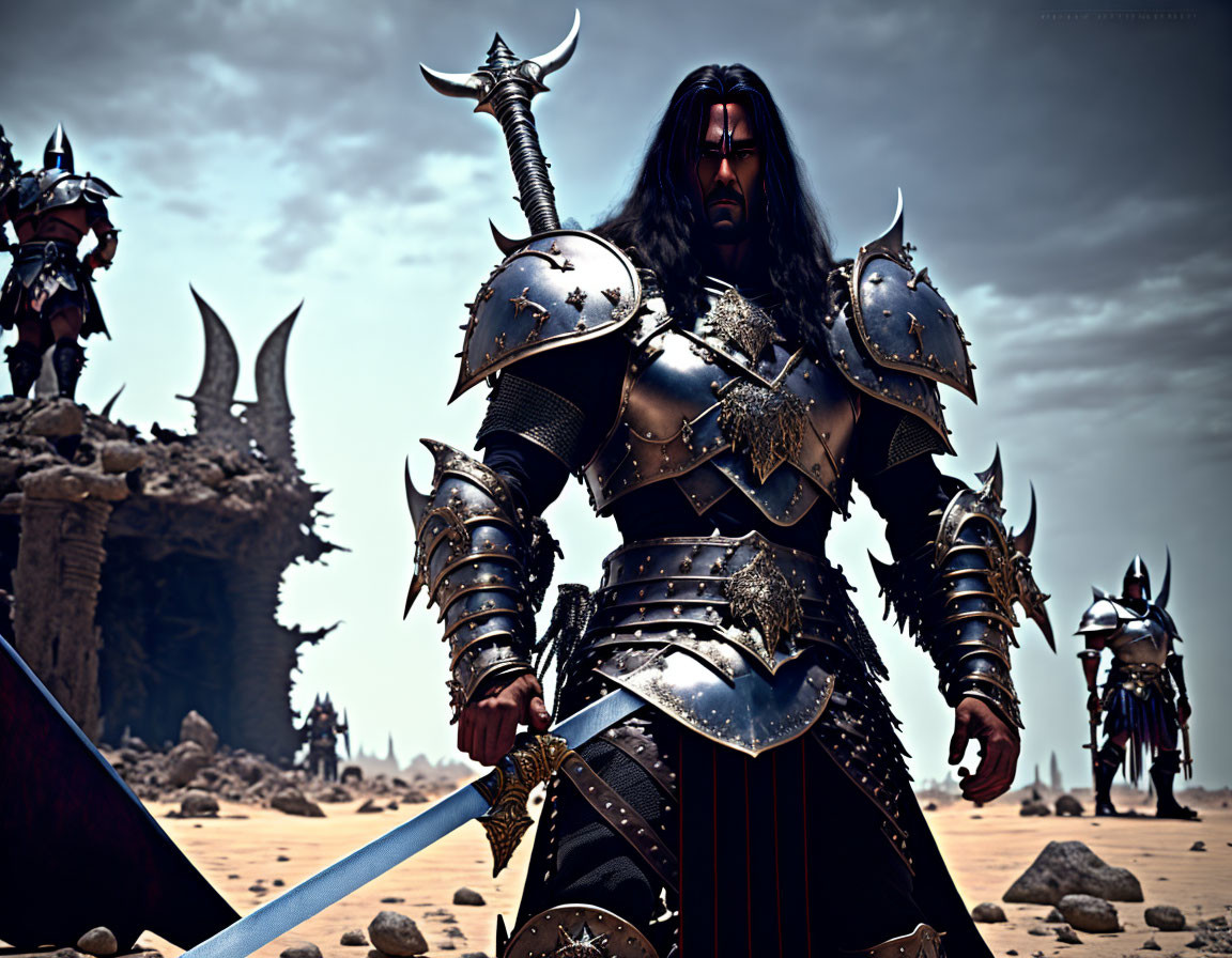 Warrior in Dark Armor Wielding Sword on Sandy Battlefield