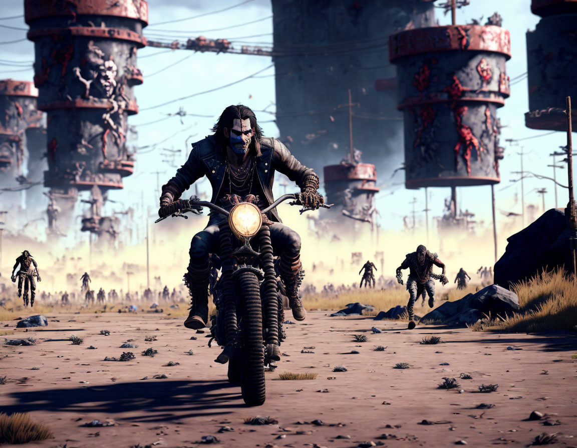 Motorcyclist in barren landscape with towering figures in pursuit