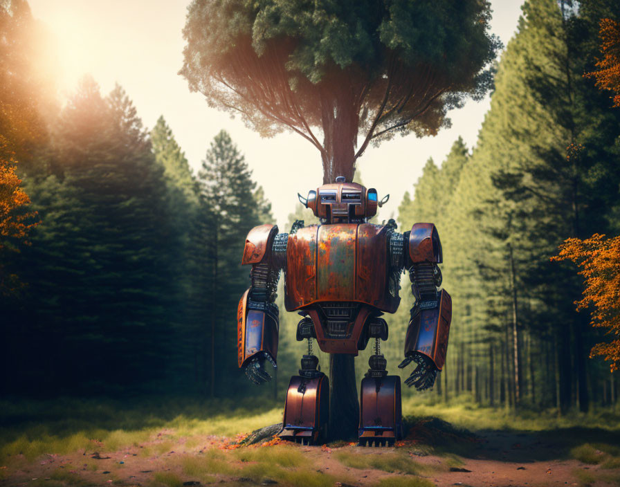 Rusted robot with tree on head in forest clearing