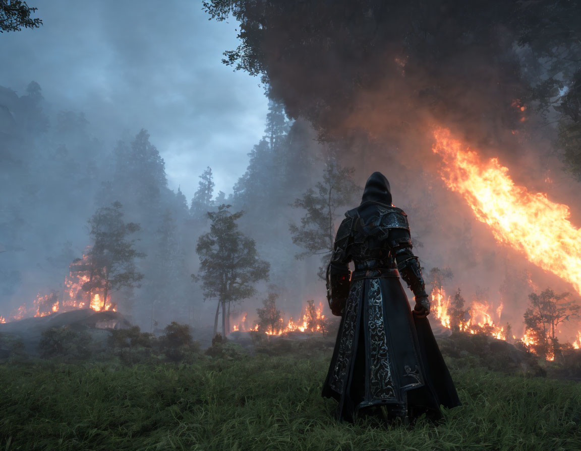 Cloaked figure in front of forest fire at night