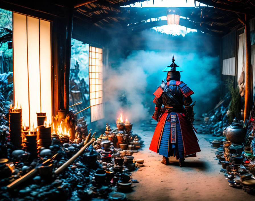 Traditional samurai armor in dimly lit room with incense smoke and candles