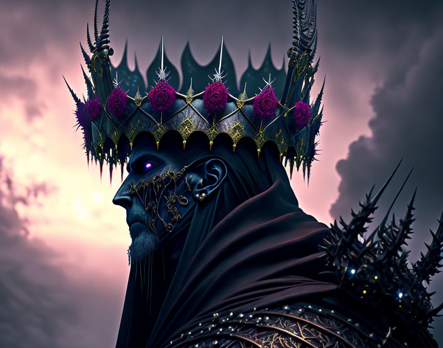 Stoic figure with dark crown, blue eyes, spiked roses.