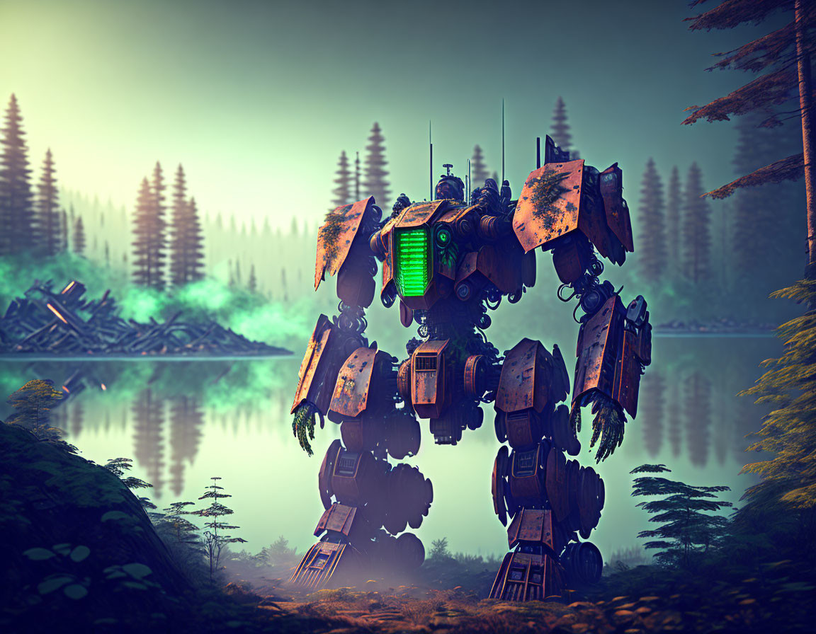 Weathered bipedal robot by misty lake in forest landscape