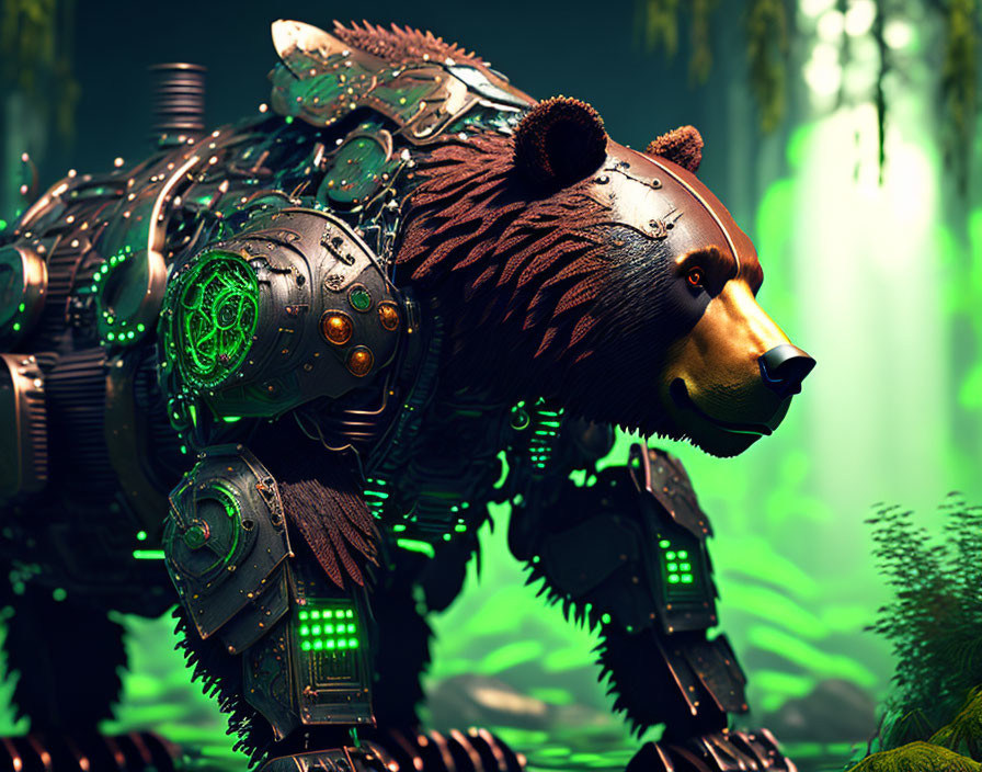 Intricate robotic bear in lush green forest
