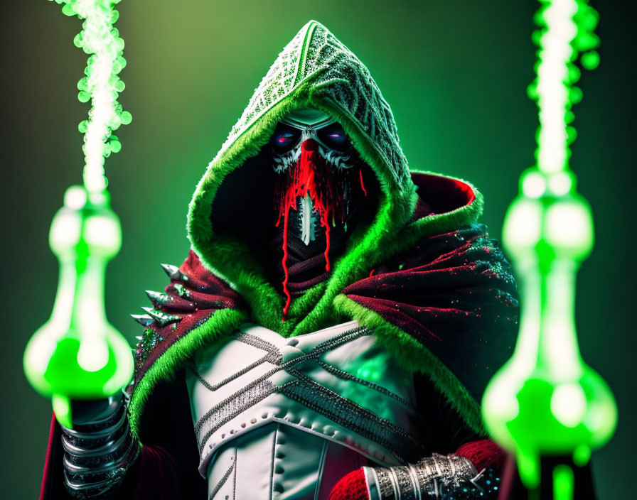 Mysterious figure in green cloak with red accents and glowing eyes between neon lights