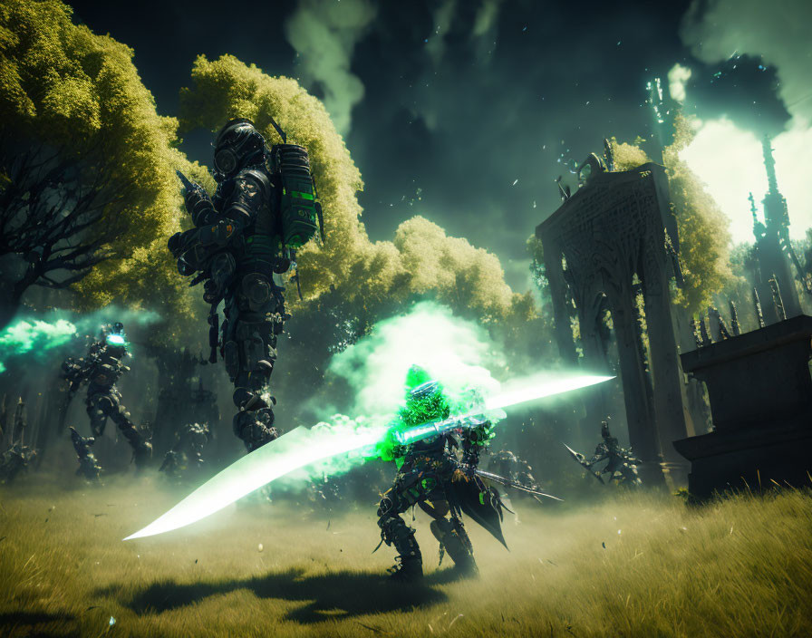 Armored warriors with glowing weapons in mystical ruins amid green fog