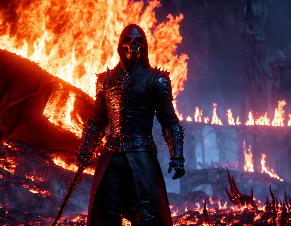 Dark-armored figure wielding fiery chain weapon in flaming environment