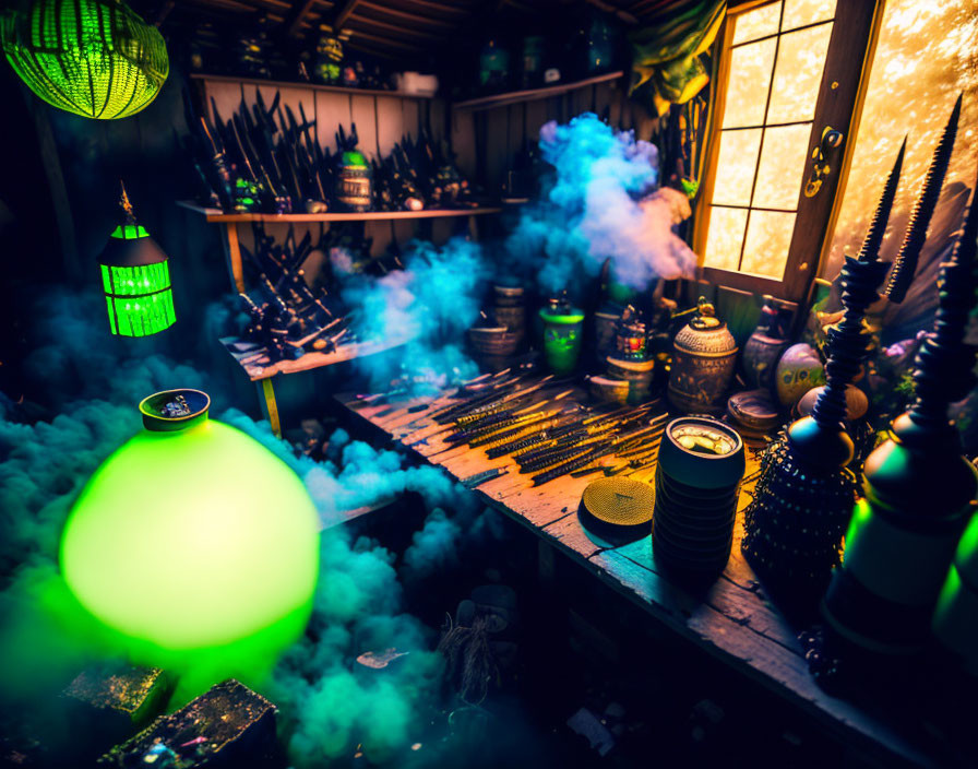 Mystical Shop with Potion Shelves and Green Lanterns