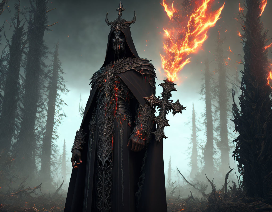 Dark Forest Scene with Menacing Cloaked Figure and Fiery Eruptions