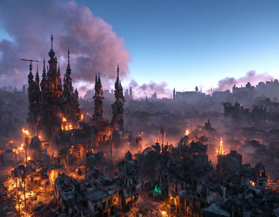 Dystopian cityscape at dusk with burning fires in ruined buildings