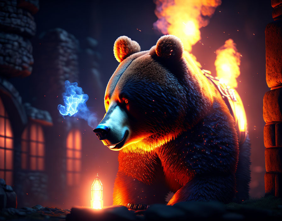 Majestic bear with glowing eyes near castle backdrop and lantern