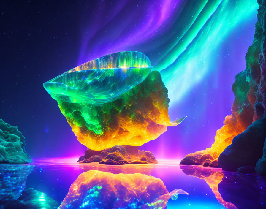 Surreal landscape with vibrant aurora borealis