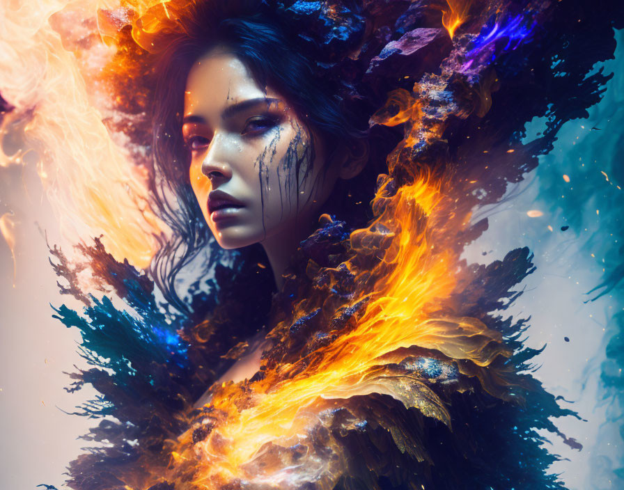 Mystical woman with ethereal features in vibrant flames and watercolor swirls