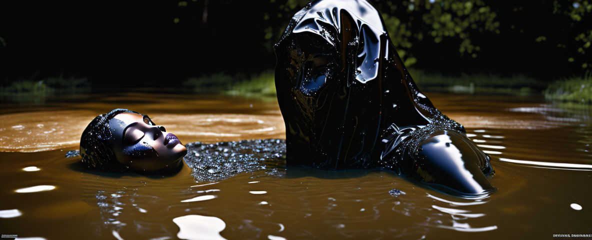 Person in Glossy Black Attire Submerged in Muddy Water