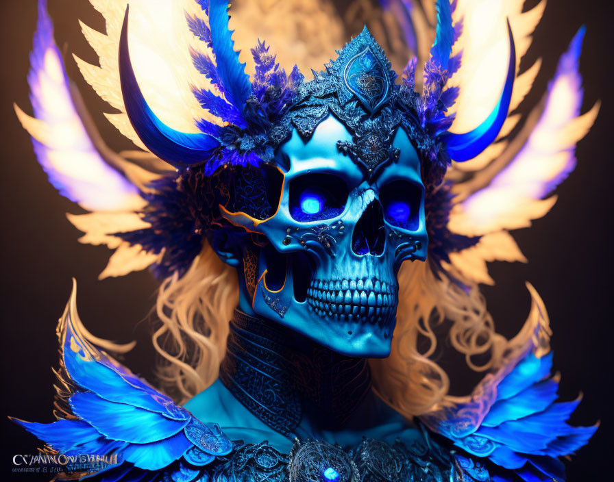 Detailed Skull Mask with Blue and Black Hues and Ornate Horns and Feathers on Dark Background