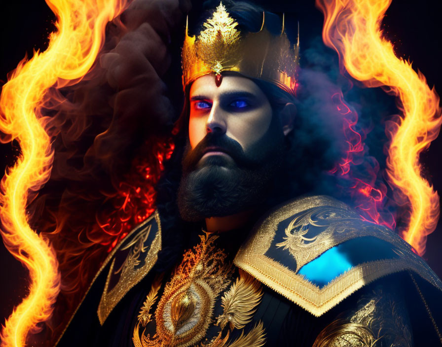 Bearded man in crown and royal attire engulfed in blue and orange flames