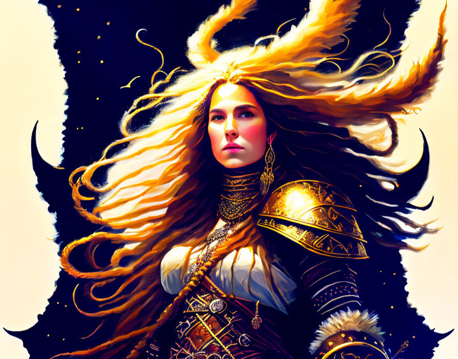 Golden-haired woman in armor against starry backdrop: cosmic warrior theme